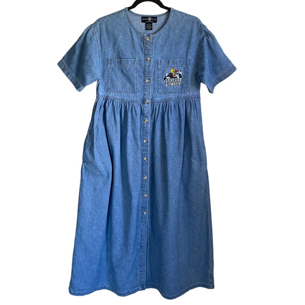 Vintage 90's Looney Tunes Maxi Denim Dress Sz 4 Sylvester Tweety Momcore Y2K